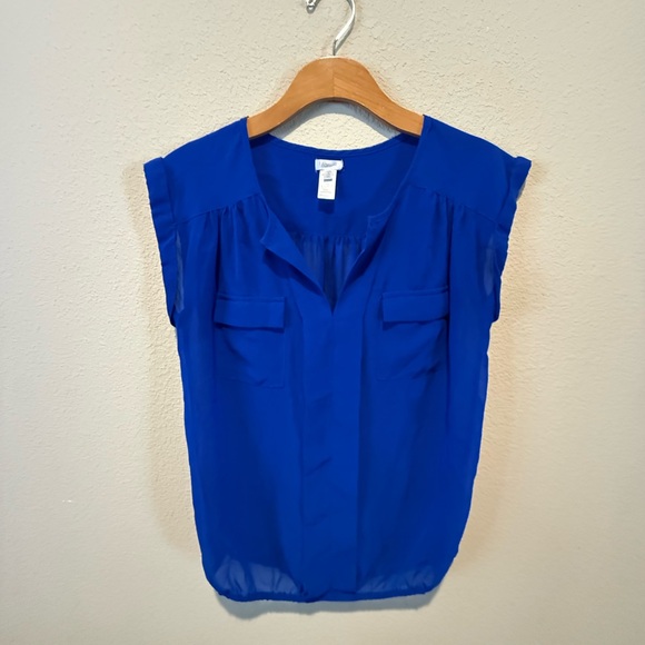 Marisol Tops - Marisol Cobalt Blue Cuffed Cap Sleeve V-Neck Sheer Blouse With Utility Pockets